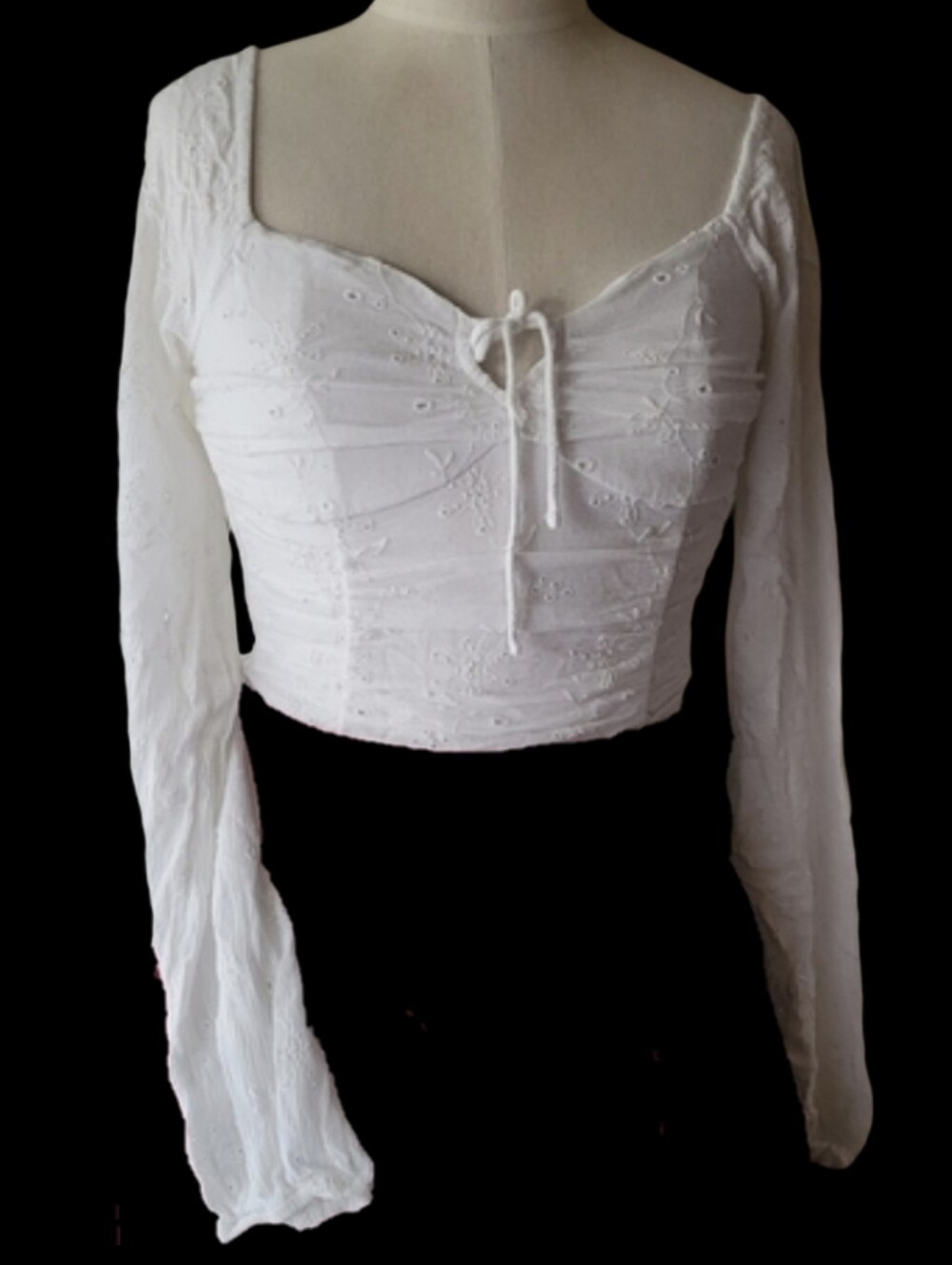 Hollister White Eyelet Long Sleeve Tie Front Peasant Top - Size XS 100% Cotton